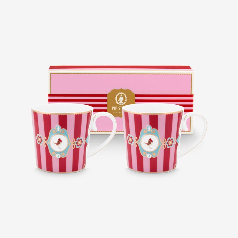Pip Studio Love Birds Kırmızı/Pembe Çizgili Porselen Kupa Seti 250 Ml