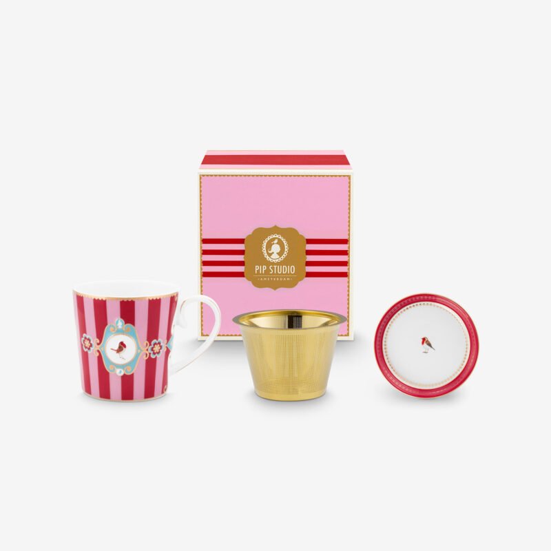 Pip Studio Love Birds Kırmızı/Pembe Çizgili İkili Tek Kişilik Çay Seti 250 ml