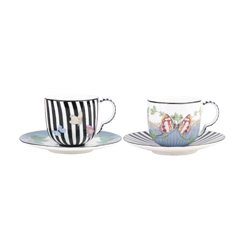 Tea Delight Kaleidoscope 2’li Çizgili ve Mavi Espresso Fincanı ve Tabağı Seti