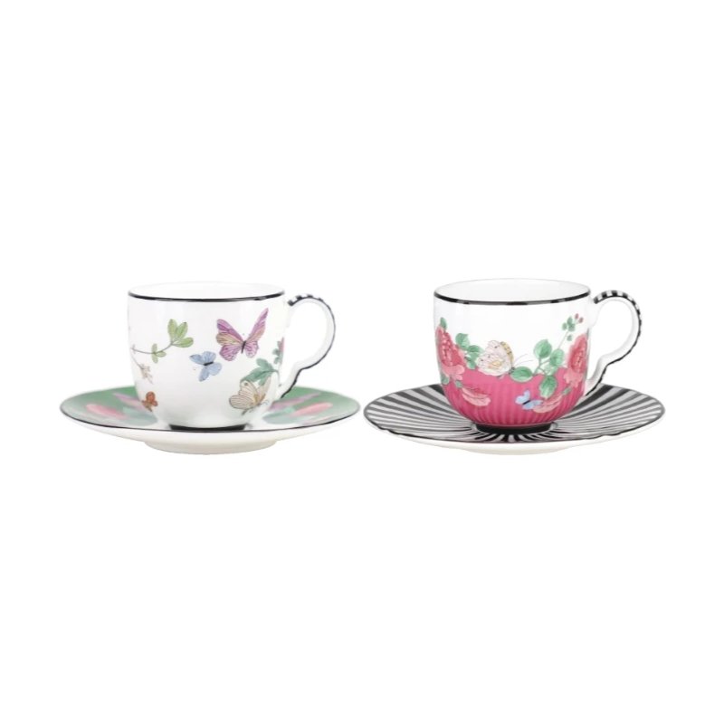 Tea Delight Kaleidoscope 2’li Kelebek ve Çiçek Desenli Espresso Fincanı ve Tabağı Seti
