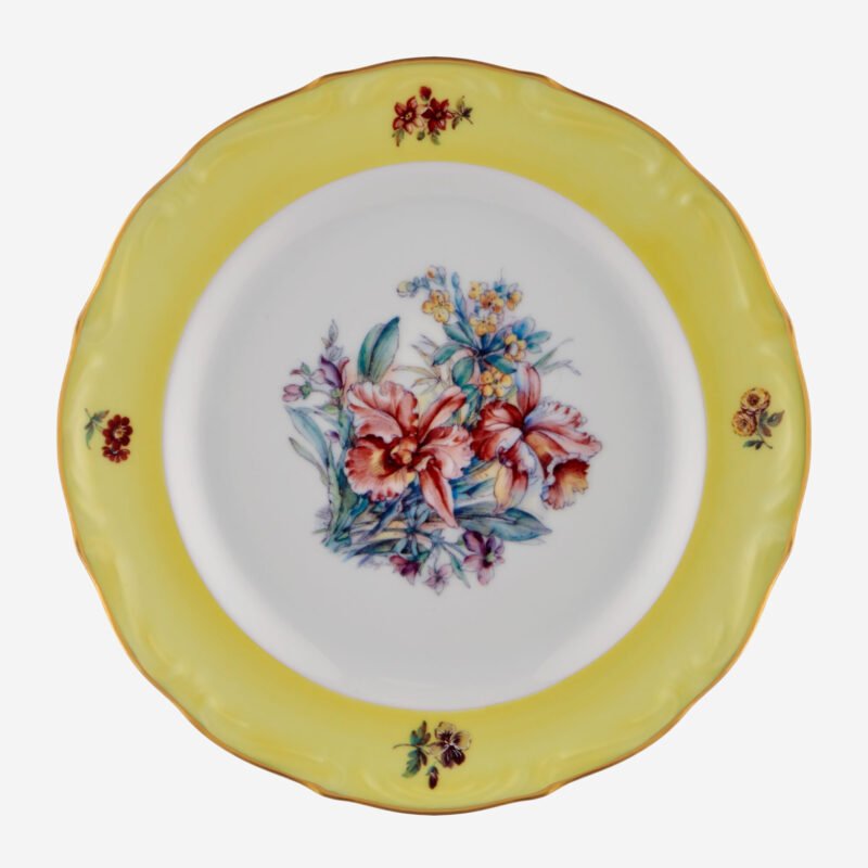 Chiara Alessi Flores Altın Dekorlu Çiçekli Sarı Porselen Pasta Tabağı 19 Cm